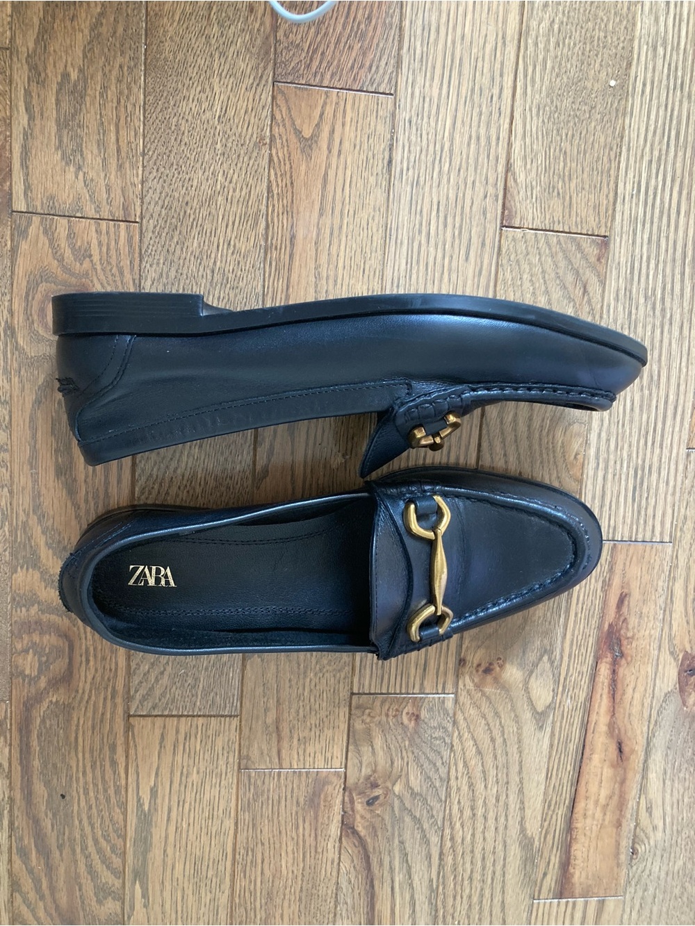 Zara Black Leather Loafers with Gold Horsebit